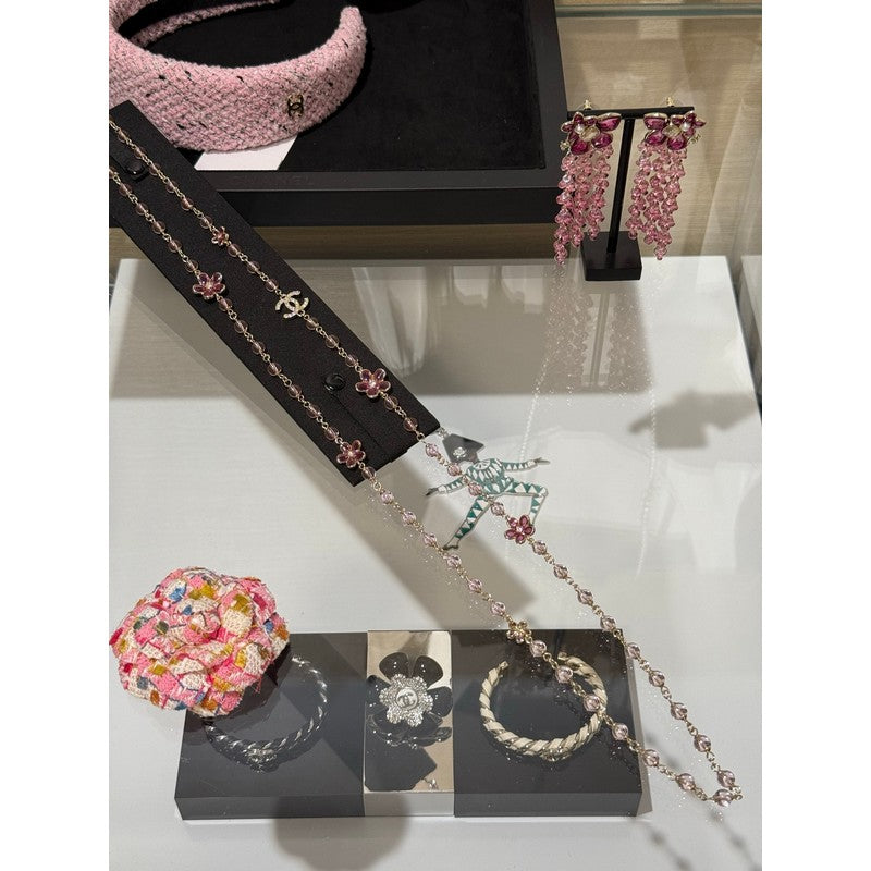 CC 26C Pink Crystal Flower Long Necklace