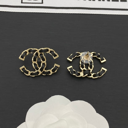 18K CC Black Leather Gold Earrings