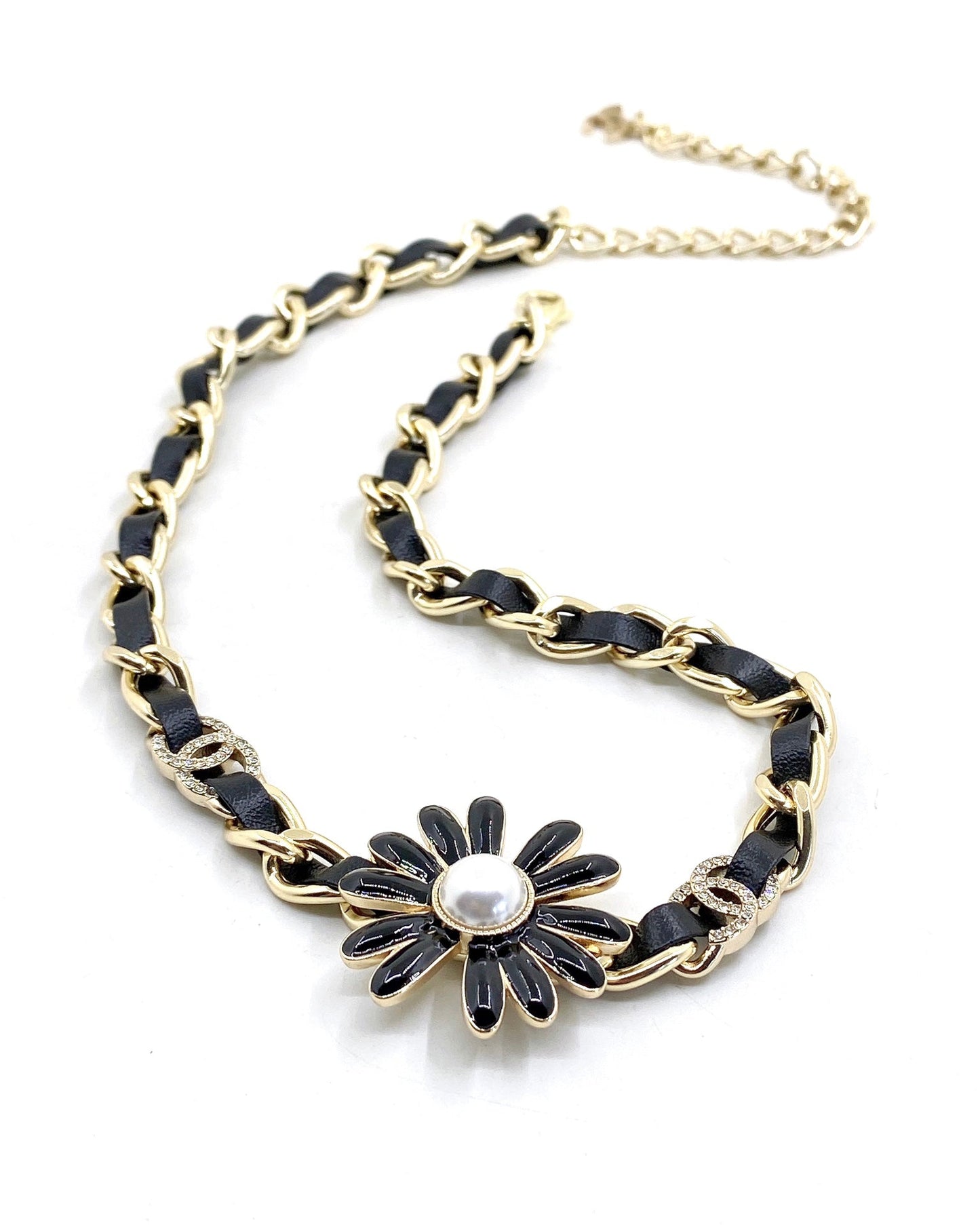 18K CC Flower Leather Choker Necklace