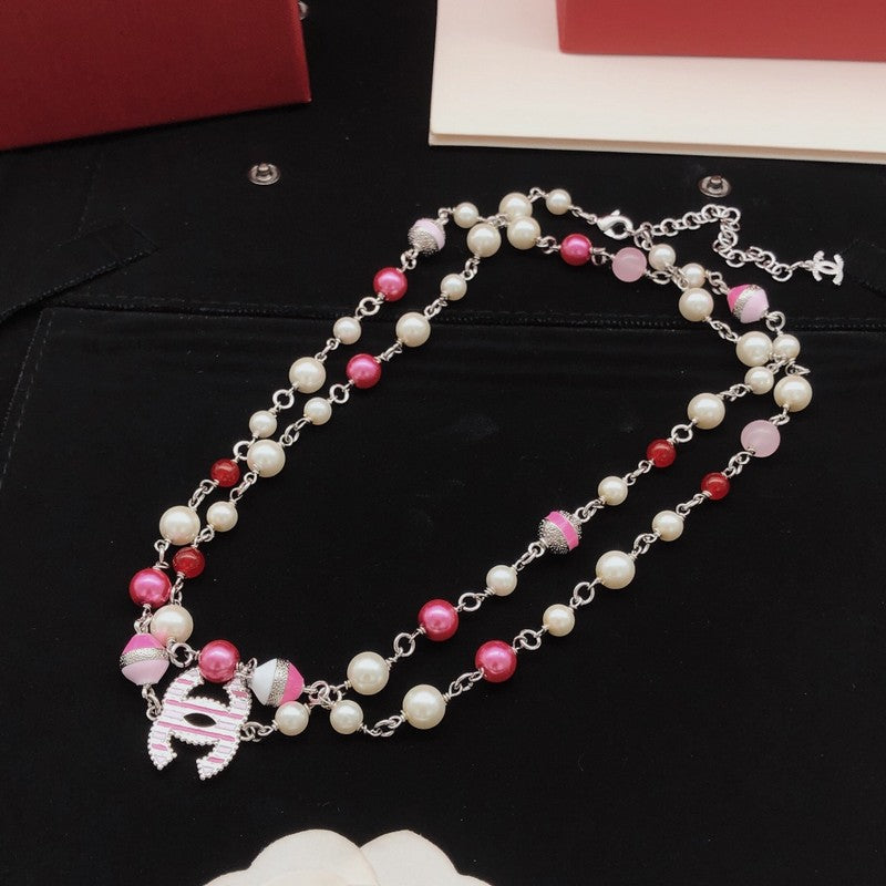 CC Pink & White Pearl Long Necklace