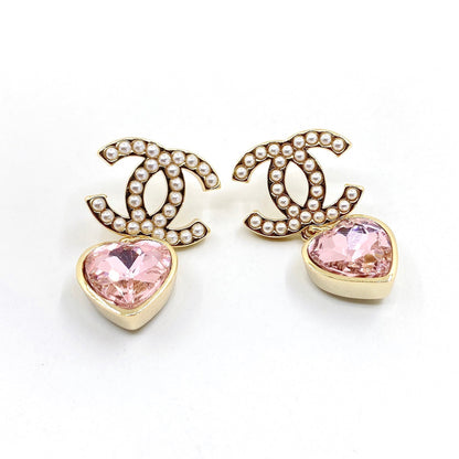 18k CHANEL CC Pink Heart Crystal Earrings