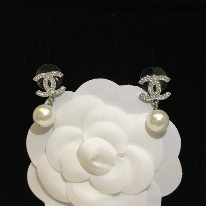 CC Diamond & Pearl Drop Earrings