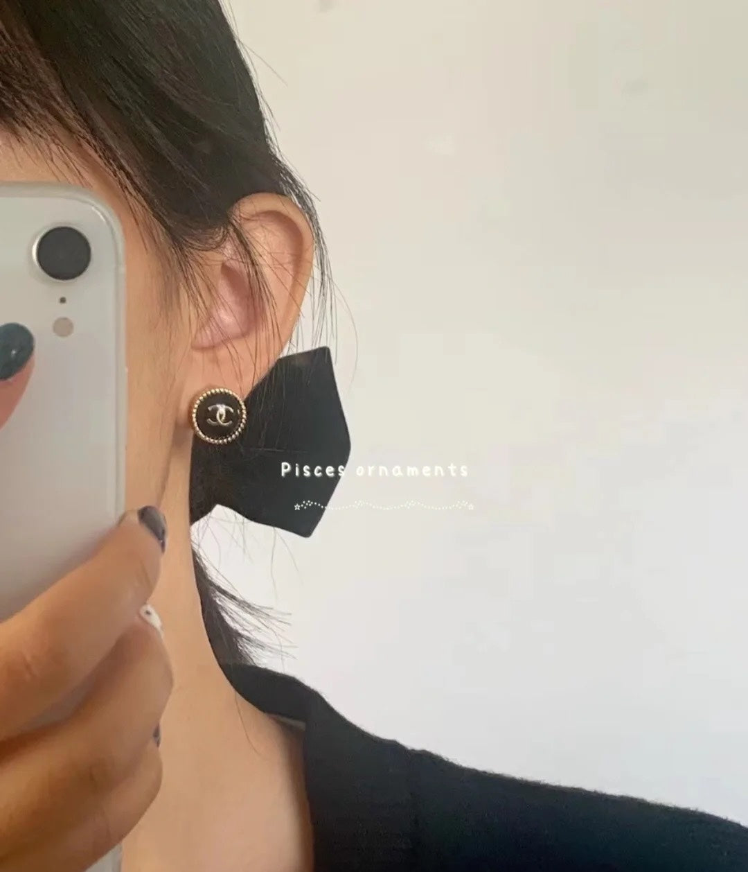 18K CC Circle Black Resin Earrings