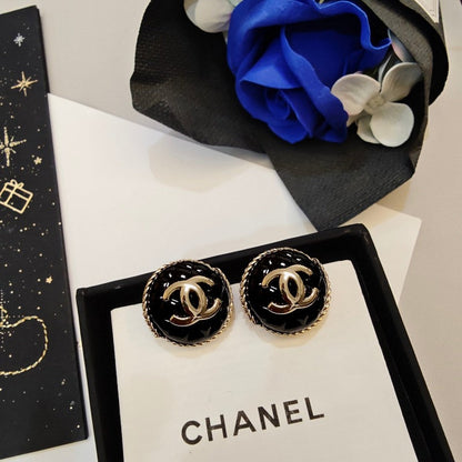 18K CC Black & Pink Round Earrings