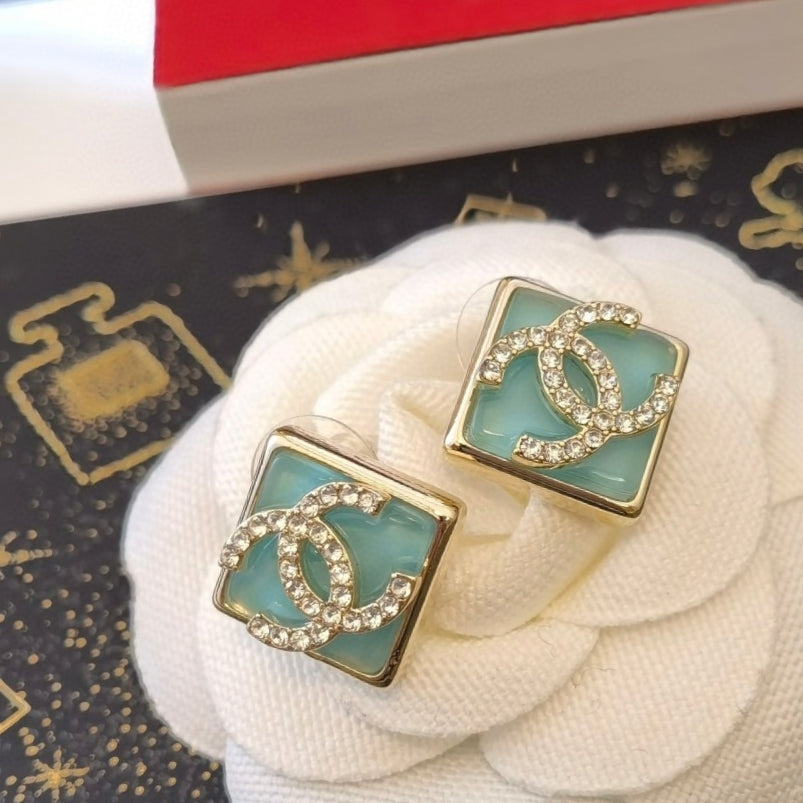 18K CC Blue Resin Earrings