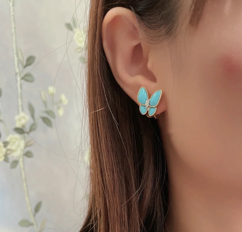 Boucles d'oreilles deux papillons turquoise 18 carats