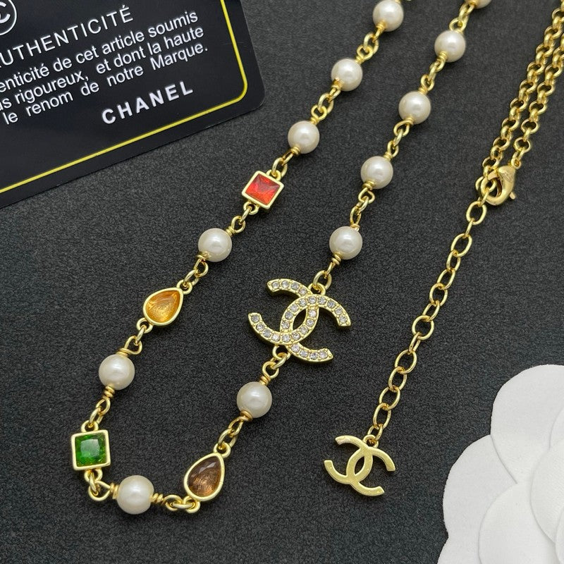 CC Color Crystal Pearl Long Chain Necklace