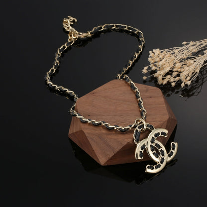 18K CC Strass Leather Necklace