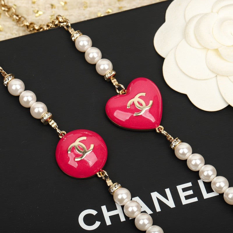CC Pink Heart Long Pearl Necklace