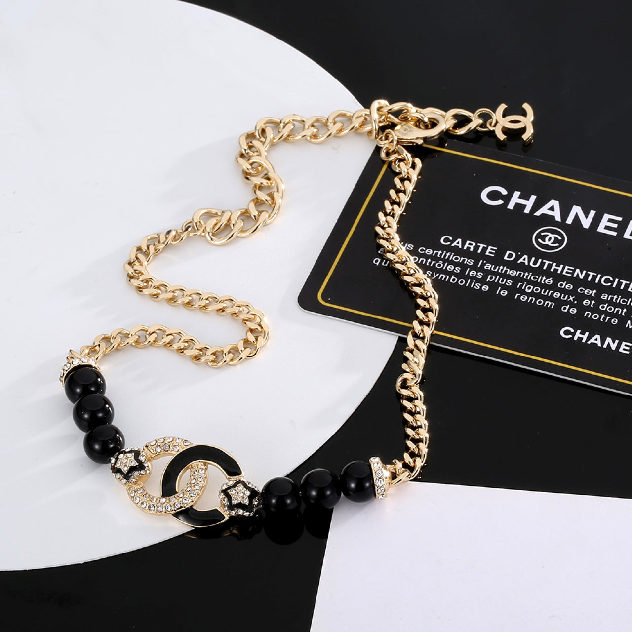 18K CC Black Pearls Diamonds Necklace