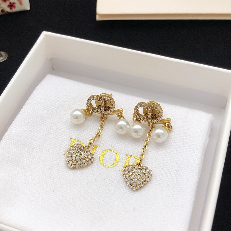 CD Diamond Heart Pearl Earrings