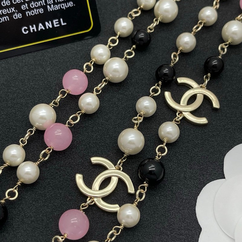 CC Black & Pink Bead Pearl Long Necklace