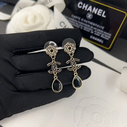 18K CC Black Crystal Earrings