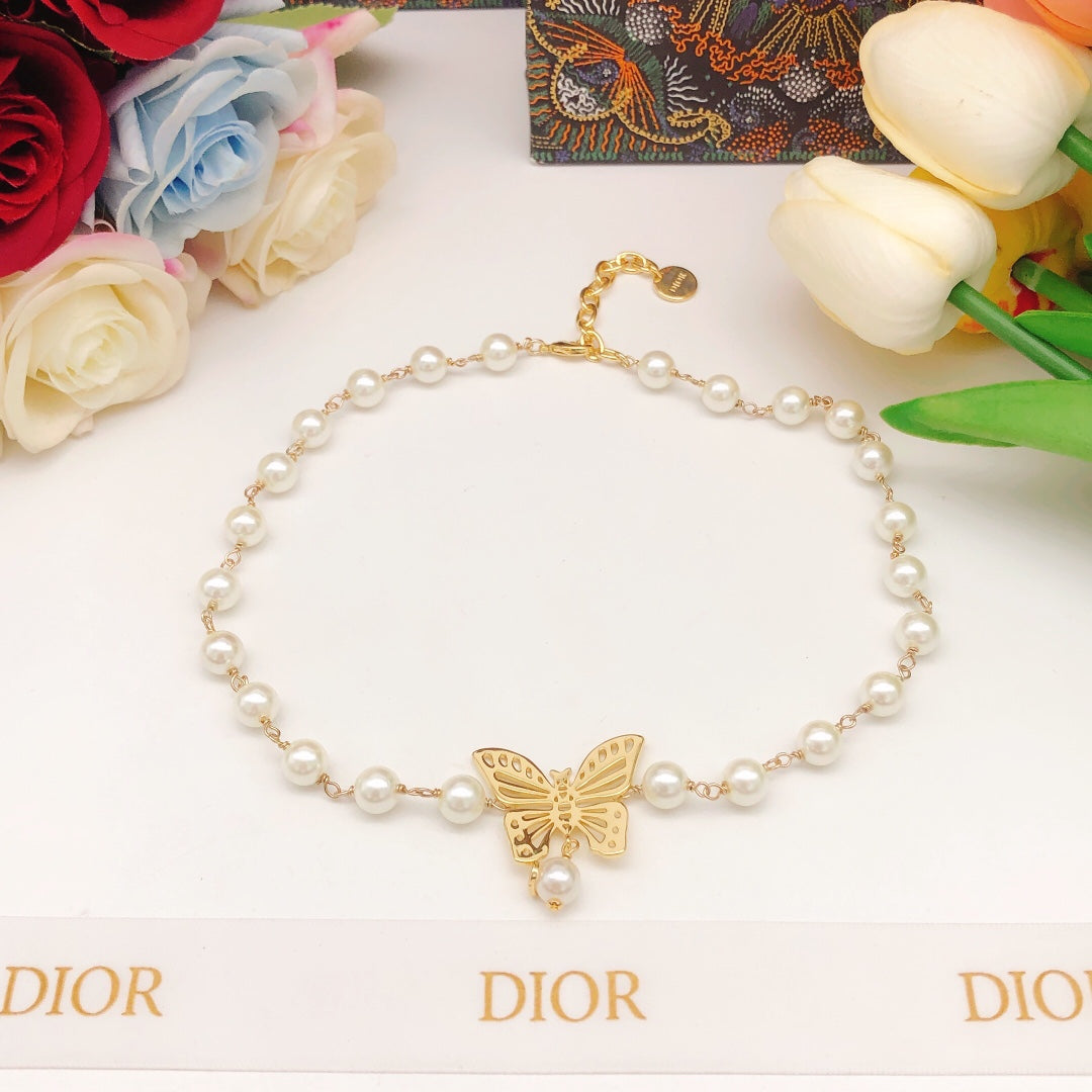 18K CD Butterfly Pearl Chain Necklace