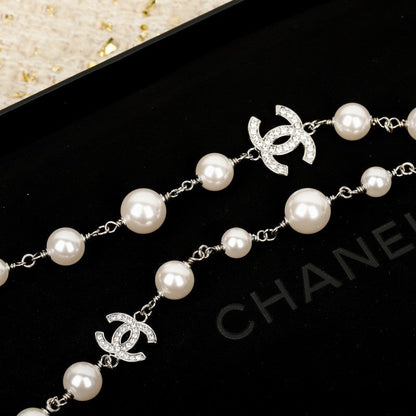 18K CC White Gold Long Pearl Necklace