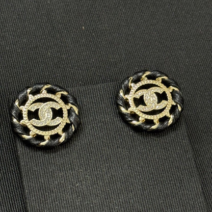 18K CC Black Leather Round Earrings