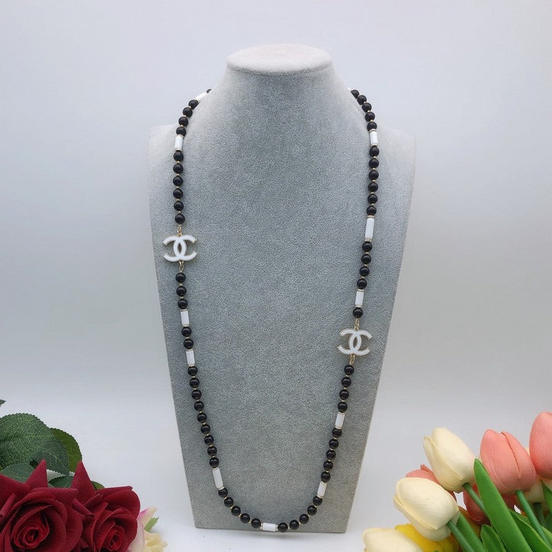 CC White Logo Long Black Pearl Necklace