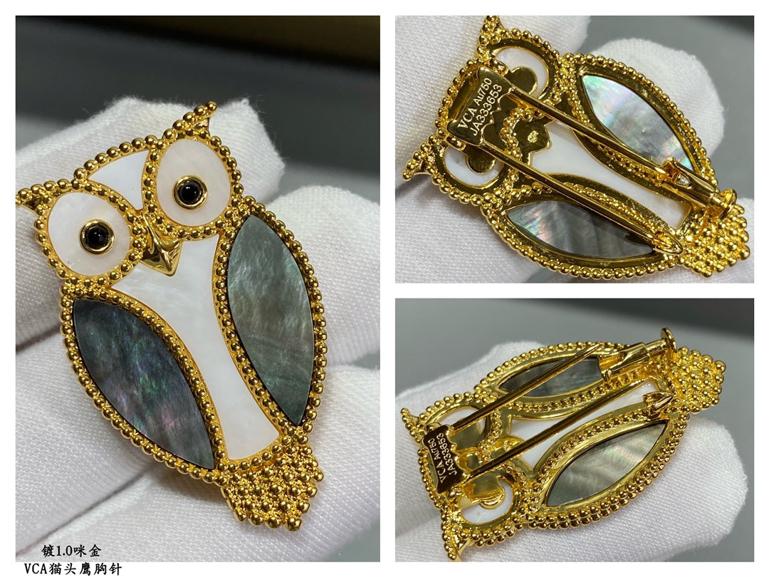 Broche à clip hibou animaux porte-bonheur 18 carats