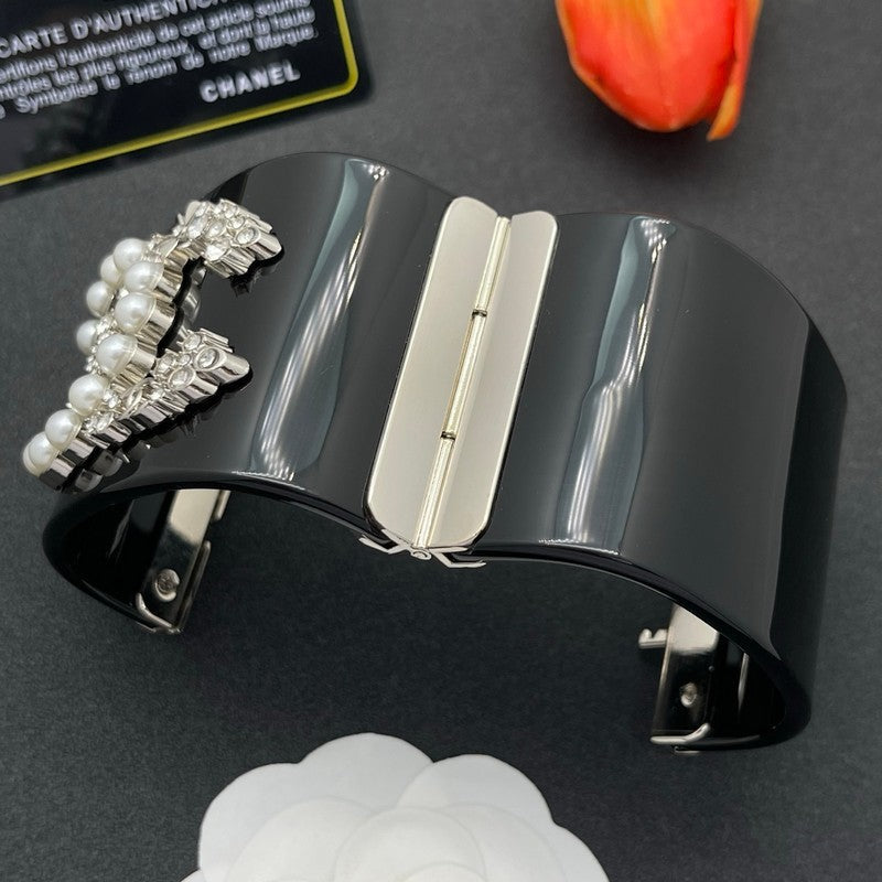 18K CC Pearl & Diamond Black Cuff Bracelet