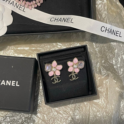 18K CC Pink Flower Gold Earring