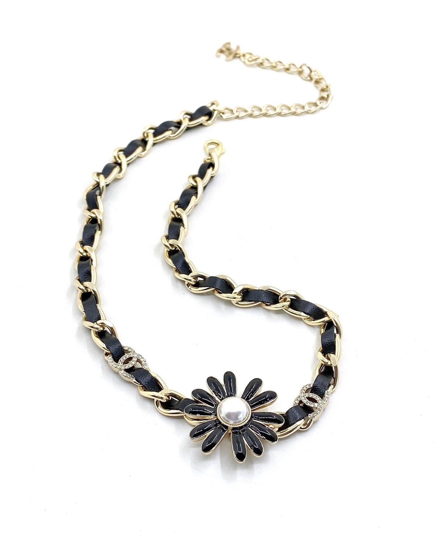 18K CC Flower Leather Choker Necklace