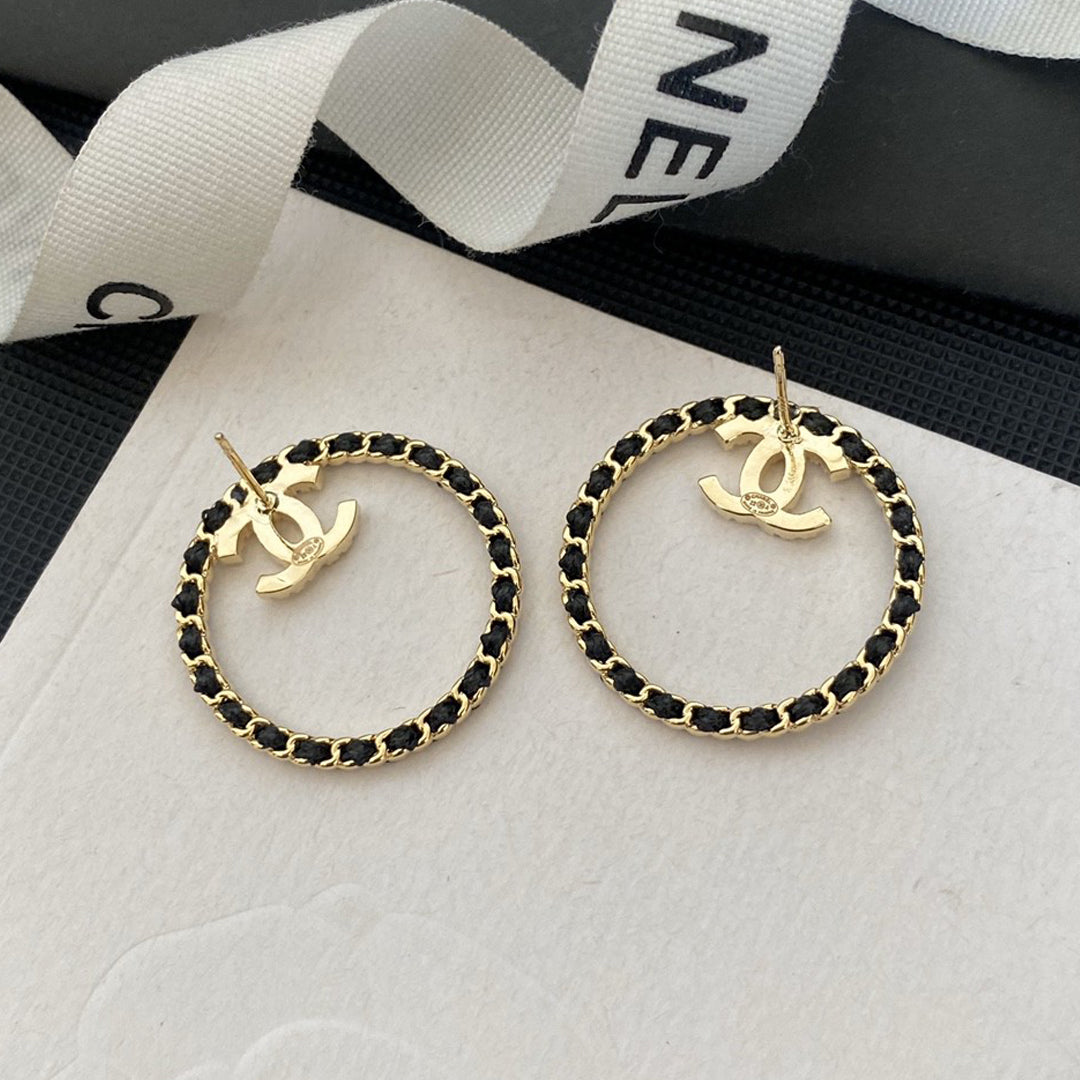 18k CHANEL CC Black Leather Circle Earrings