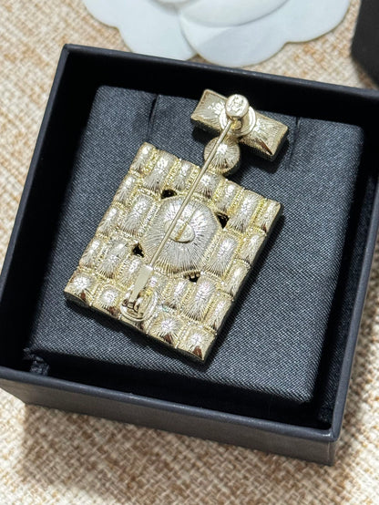 18K CC Perfume Bottle Crystals Brooch