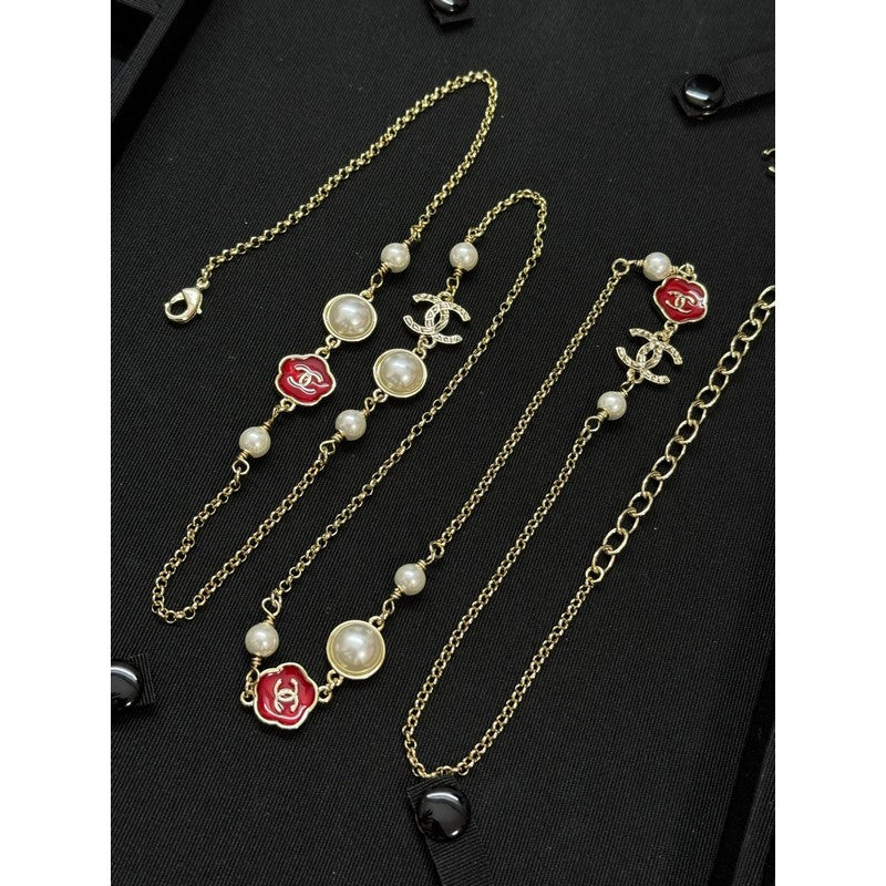 CC Red Flower Pearl Long Necklace