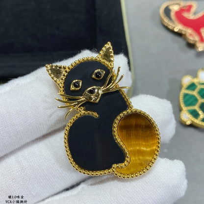 Broche à clip chat animaux porte-bonheur 18 carats