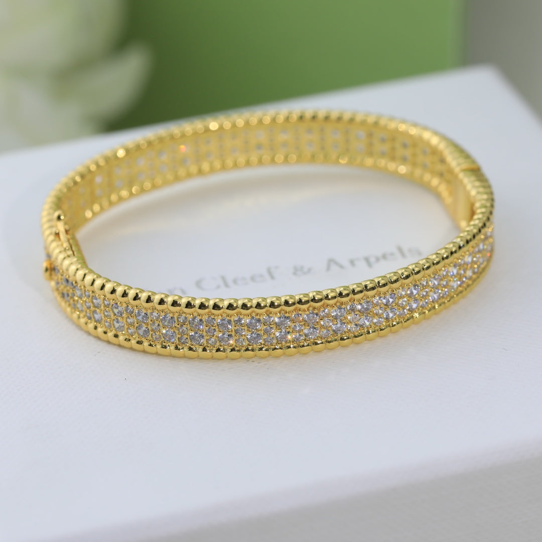 18K Yellow Gold Perlée Diamonds Three Rows Bracelet