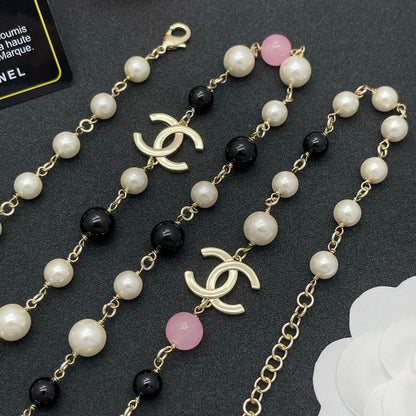 18K CC Black & Pink Bead Long Necklace