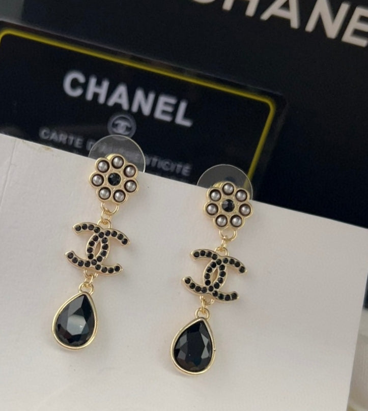 18K CC Black Crystals Earrings