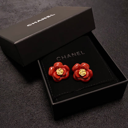 18K CC Red Camellia Resin Earrings