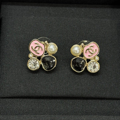 18K CC Black & Pink Crystal Earrings