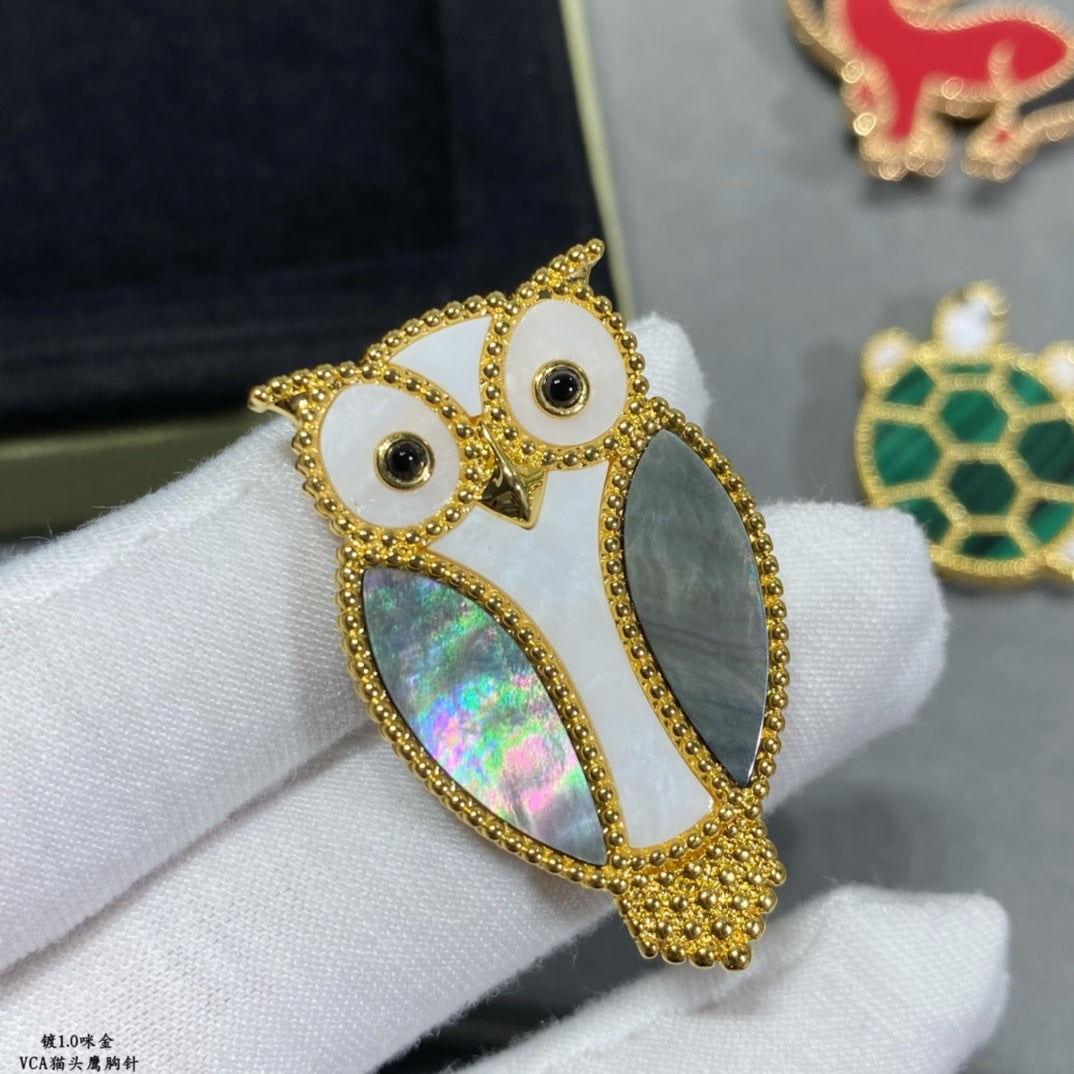 Broche à clip hibou animaux porte-bonheur 18 carats