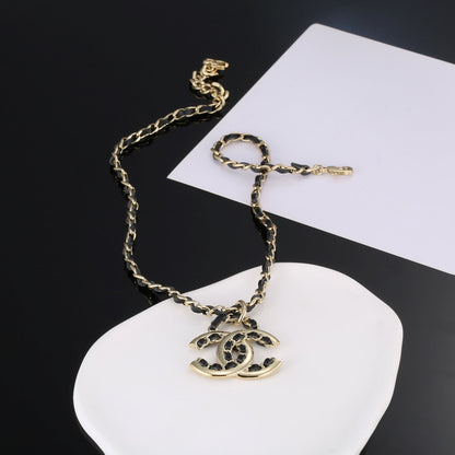 18K CC Strass Leather Necklace