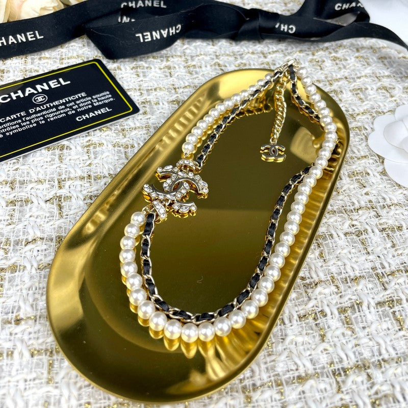 CC Pearl Chain Leather Necklace