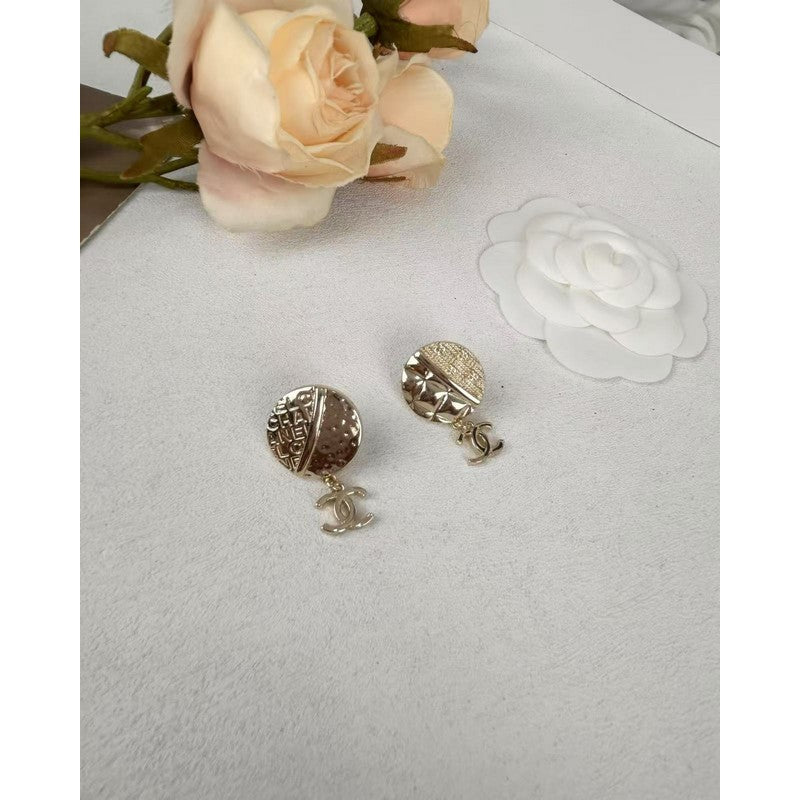 18K CC Gold Round Pendant Earrings