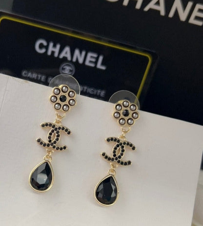 18K CC Black Crystal Earrings