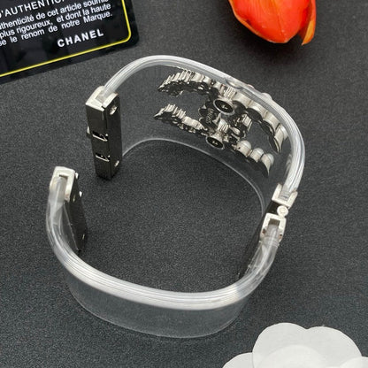 18K CC Pearl & Diamond Transparent Cuff Bracelet