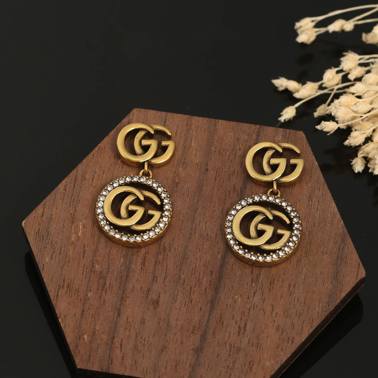 Boucles d'oreilles vintage avec cristaux Double G 18 carats