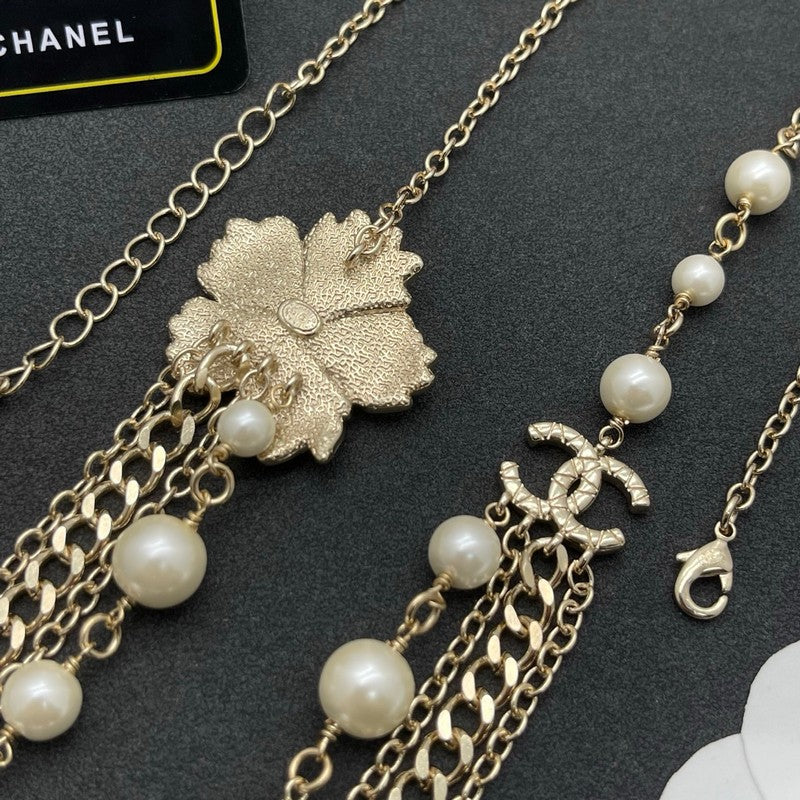 CC Red Flower Pearl Long Chain Necklace