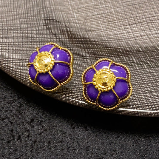 18K CHANEL CC Purple Flowers Earrings