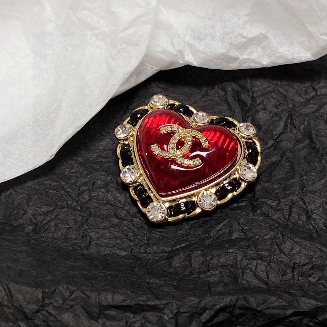 18K CC Red Crystal Heart Brooch