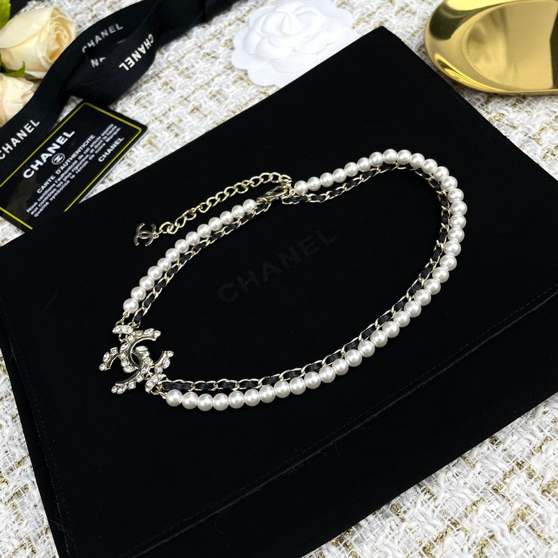 CC Pearl Chain Leather Necklace