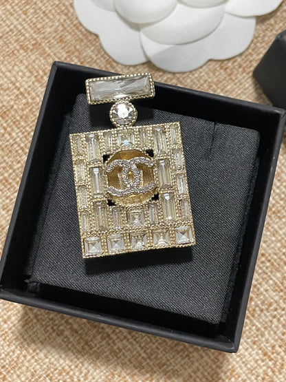 18K CC Perfume Bottle Crystals Brooch