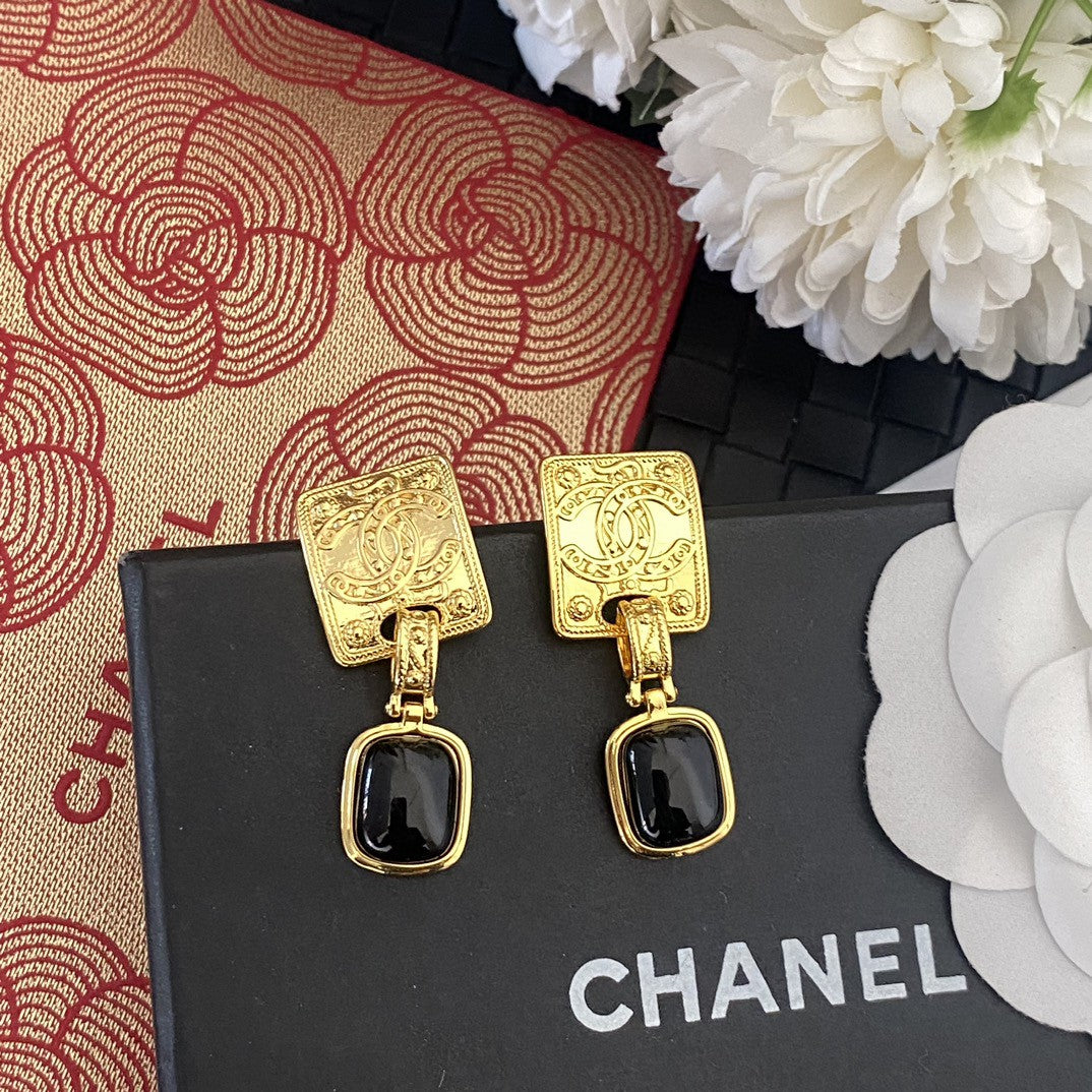 18K CC Black Crystal Earrings