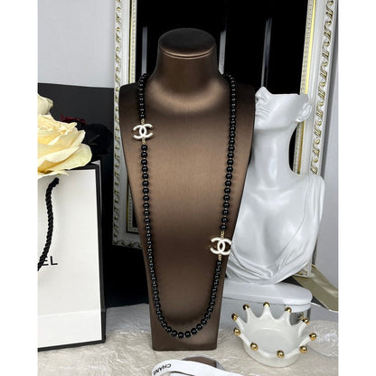 18K CC 23A Black Bead Long Necklace