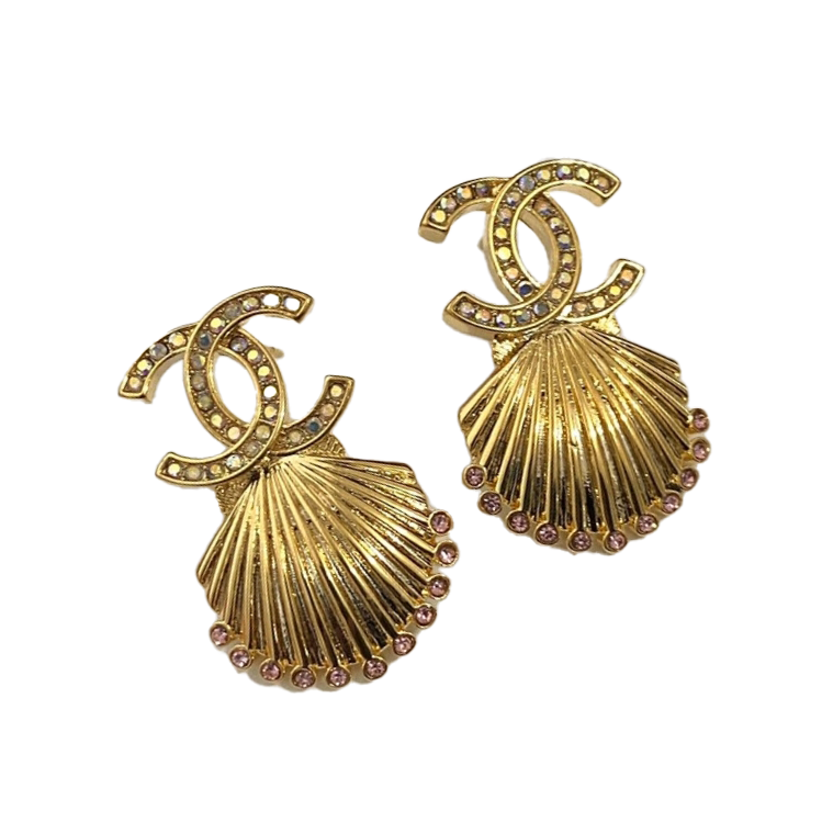 18k CHANEL CC Shell Pendant Earrings