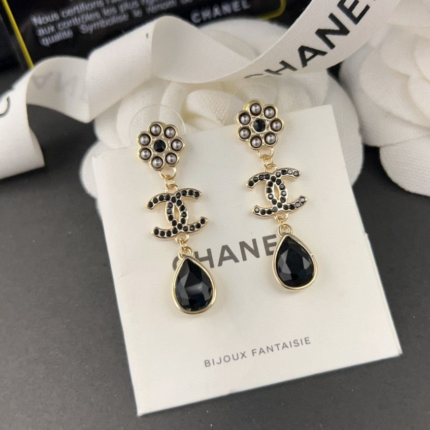 18K CC Black Crystals Earrings